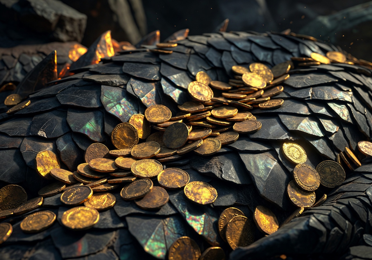 Ancient gold coins scattered across dragon scales
