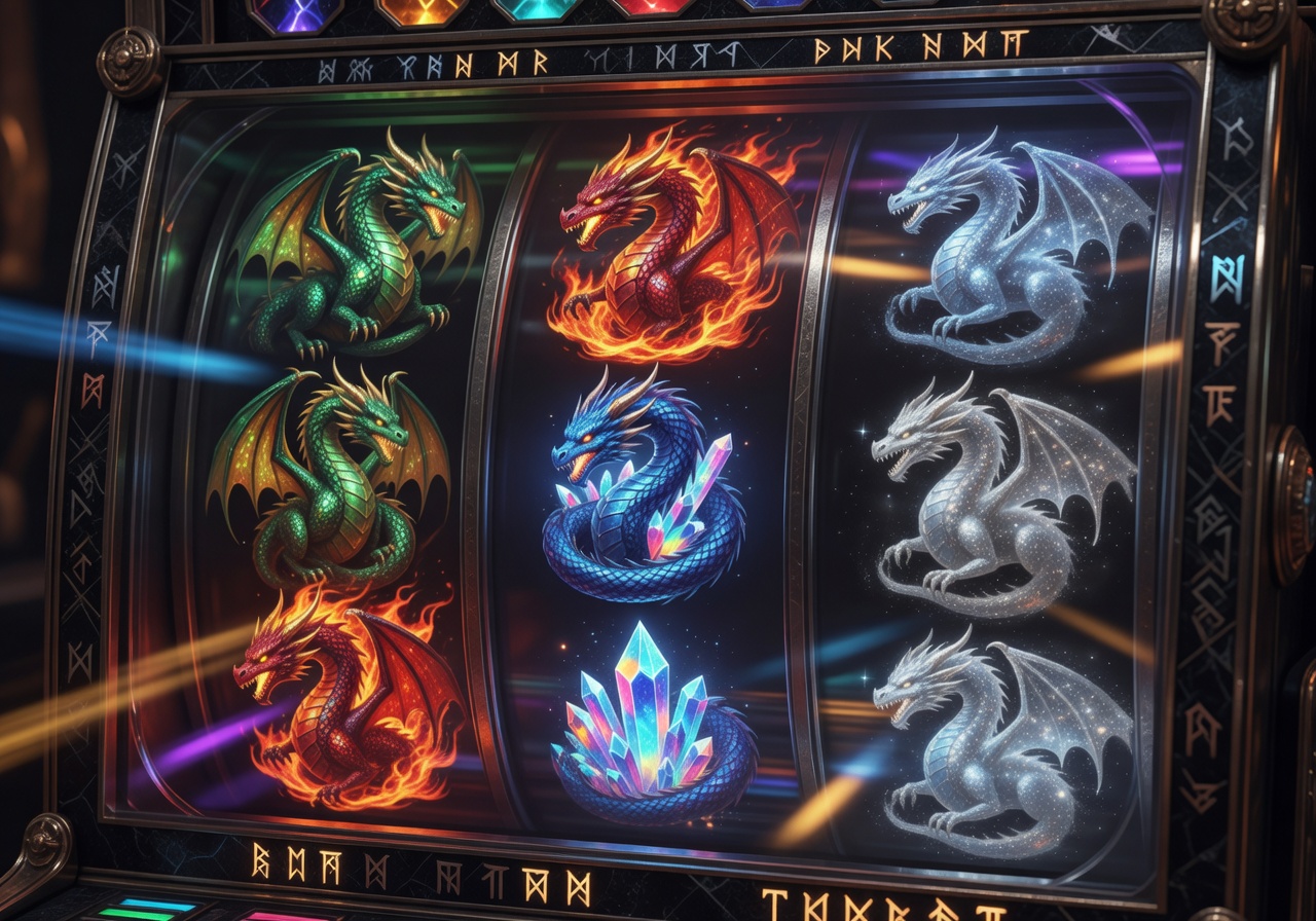 Stylized slot machine reels showing fantasy dragon symbols