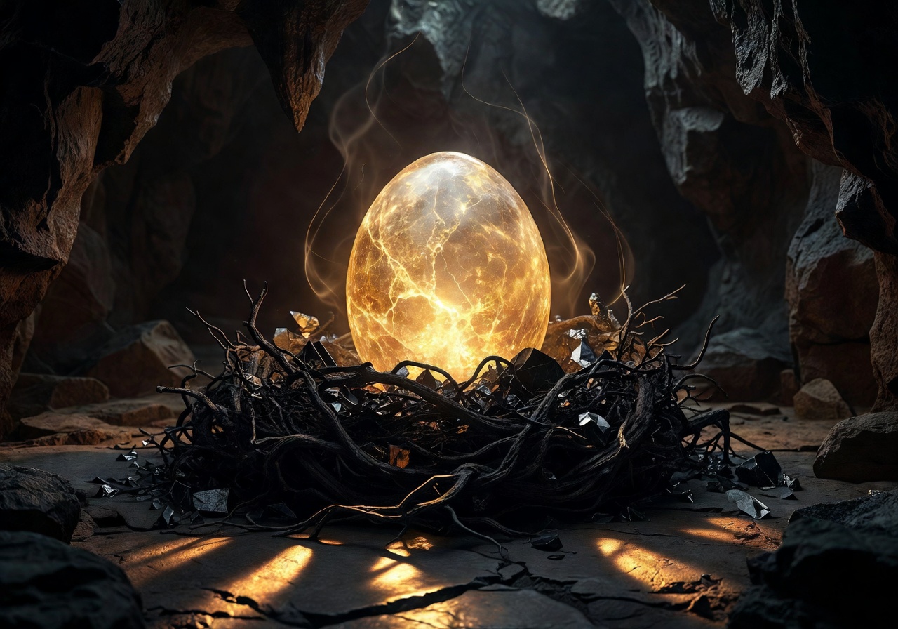 A magical glowing amber dragon egg in a dark nest